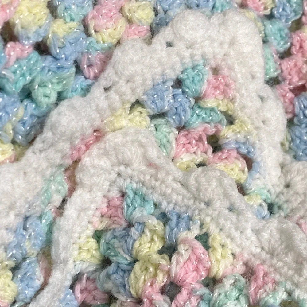 Crocheted Homemade Baby Blanket Pink, Yellow, Green, Blue and White 36x26